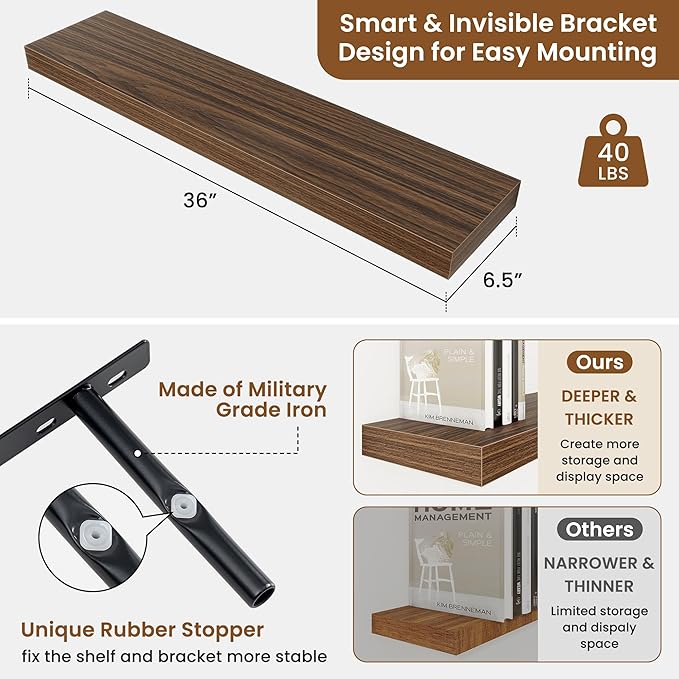 fuqing Floating Shelves for Wall, Bathroom Shelf Wall Mounted for Storage, Shelves with Invisible Bracket for Bedroom, Kitchen, Living Room, Farmhouse Small Book Shelf, 36 Inch Set of 2, Walnut-Ruum Studio Home