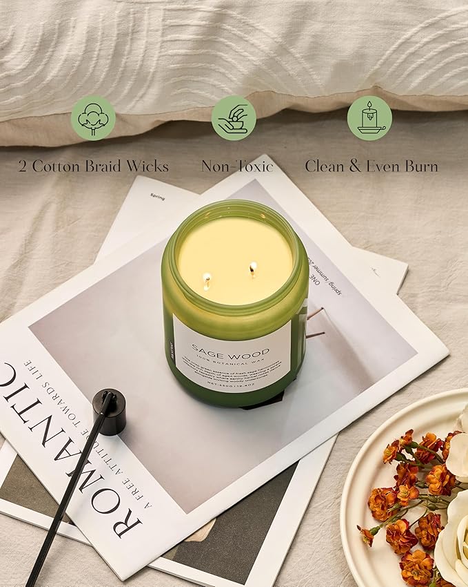 M&SENSE Sage Wood Scented Candle, 19.4oz 110 Hours Long Lasting Clean Non Toxic All Natural Soy Wax Candle for Relaxing & Stress Relief, 2 Wick Home Fragrance Gifts for Home Decor-Ruum Studio Home