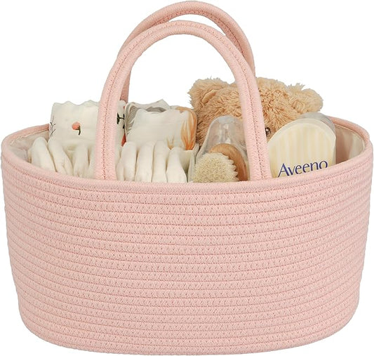 Diaper Caddy Organizer Cotton Rope Baby Basket Nursery Storage and Portable Tote Bag for Car Ideal Baby Shower Gifts and Registry Must-Have for Newborn Essentials coral pink-Ruum Studio Home