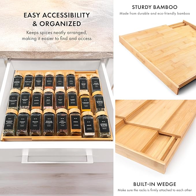 Bamboo Spice Drawer Organizer - Expandable 4 Tier Spice Rack (Need 3" Deep Drawer) 12" to 24" Wide, Seasoning Organizer, Organization Seasoning Rack insert (Jars Not Included)-Ruum Studio Home