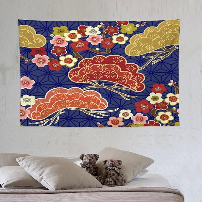 HZOHNAGO Japanese Tapestry Art Abstract Colorful Cherry Blossom Blue Background Pattern Printed Wall Tapestry Painting Wall Hanging for Bedroom Living Room Dorm 60" W x 40" H-Ruum Studio Home