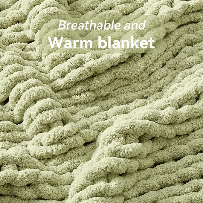 Chunky Knit Throw Blanket, 30''*40'' Knitted Throw Chenille Yarn for Bed Couch, Handmade Light Green Crochet Big Thick Blanket, Machine Washable Cute Comfy Blanket for Home Decor-Ruum Studio Home
