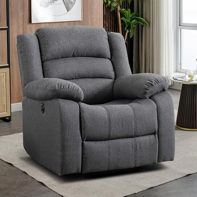 EBELLO Classic Power Recliner Chair, Oversized Electric Reclining Chair with Overstuffed Cushion and Back, Soft Fabric Adults Single Recliner Sofa for Living Room, Grey-Ruum Studio Home