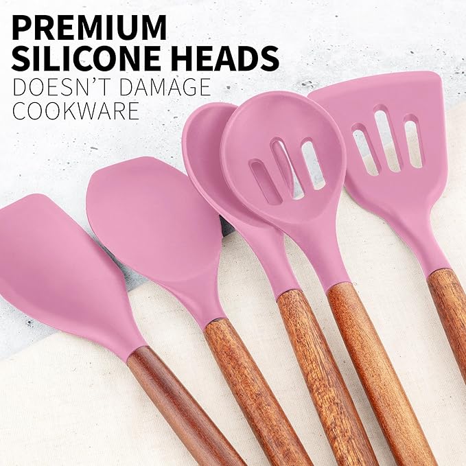Zulay Kitchen Non-Stick Cooking Utensils Set with Authentic Acacia Wood Handles – 5-Piece Durable & Stylish Silicone Kitchen Utensils Set – Heat Resistant to 464°F – Pink-Ruum Studio Home
