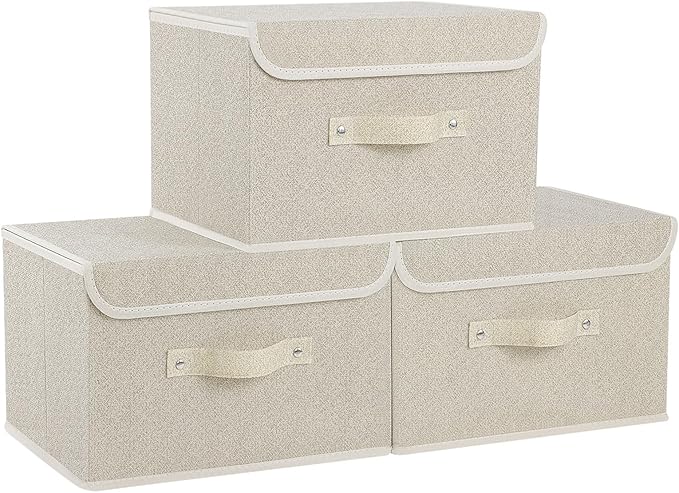 Fabric Storage Bins Cube Organizers with Flip-Top Lid and Handles,Storage Boxes for Organizing Home,Office,and Closet,Grey and Beige,3 Pack 13 X 9.1 X 7.9 in-Ruum Studio Home