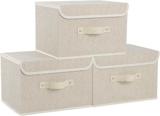 Fabric Storage Bins Cube Organizers with Flip-Top Lid and Handles,Storage Boxes for Organizing Home,Office,and Closet,Grey and Beige,3 Pack 13 X 9.1 X 7.9 in-Ruum Studio Home