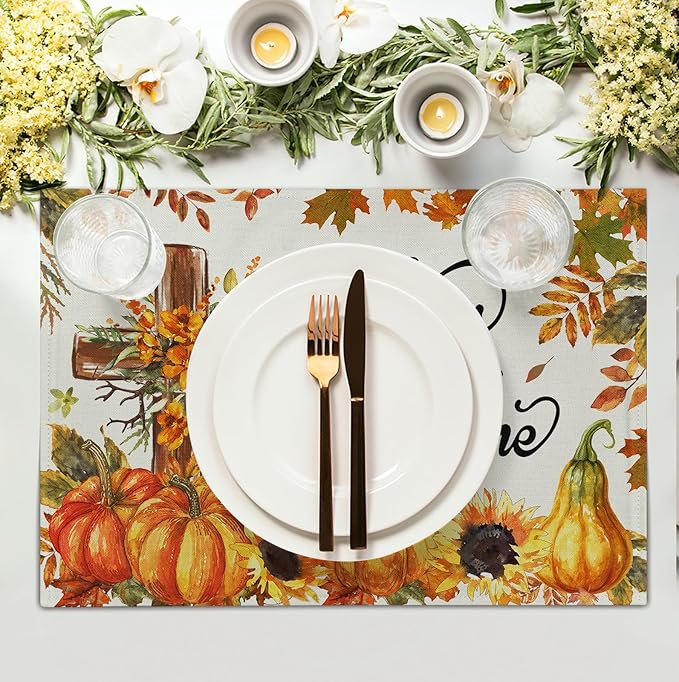 Fall Cross Pumpkin Placemats Set of 4 Autumn Thanksgiving Harvest Sunflower Maple Leaf Orange Linen Table Mats Seasonal Farmhouse Decorative Place Mat for Party Kitchen Dining Decor-Ruum Studio Home