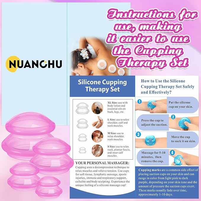 Nuanchu 8 Pcs 4 Sizes Cupping Therapy Set with Satin Bag Silicone Massage Cups Professional Cupping Therapy Vacuum Cup for Cellulite Joint Pain Muscle Pain(Clear Hot Pink)-Ruum Studio Home