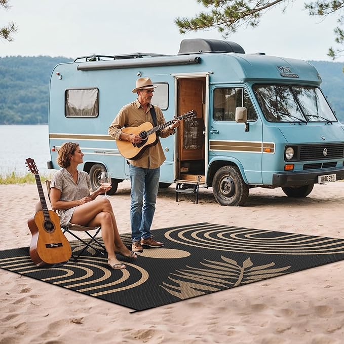 GENIMO Outdoor Rug 5' x 8' Waterproof for Patio Clearance, Reversible Plastic Straw Camping Carpet, Lightweight Rugs Mats for Rv, Backyard, Deck, Porch, Picnic, Balcony, Mix-Black & Brown-Ruum Studio Home