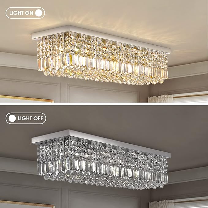 Siljoy Modern Crystal Chandelier 8-Lights Rectangular Flush Mount Pendant Ceiling Light Fixture Rectangle K9 Crystal Raindrop Chandelier for Dining Living Room Kitchen Island L40'' x W10'' x H10'-Ruum Studio Home