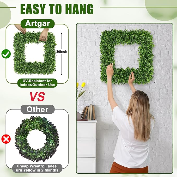 Artgar 20Inch Boxwood Wreath, Spring Wreaths for Front Door, Realistic Green Square Boxwood Wreath for Year-Round Decor, Artificial Summer Wreaths for Wedding Farmhouse Indoor/Outdoor Porch Decor-Ruum Studio Home