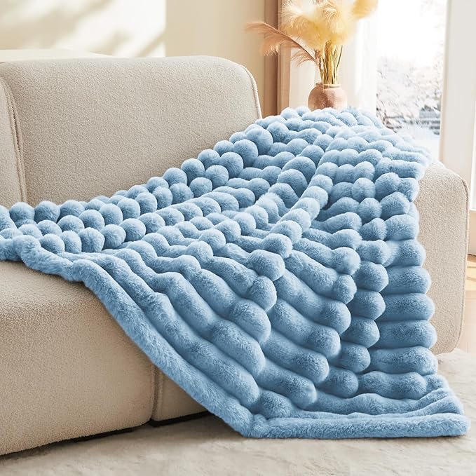 BEDELITE Faux Rabbit Fur Blanket, Luxurious 3D Striped Spring Blanket for Decor & Gift, Soft and Warm Plush Fluffy Faux Fur Throw Blanket All Seasons Suitable, (Light Blue, 50"x 60")-Ruum Studio Home