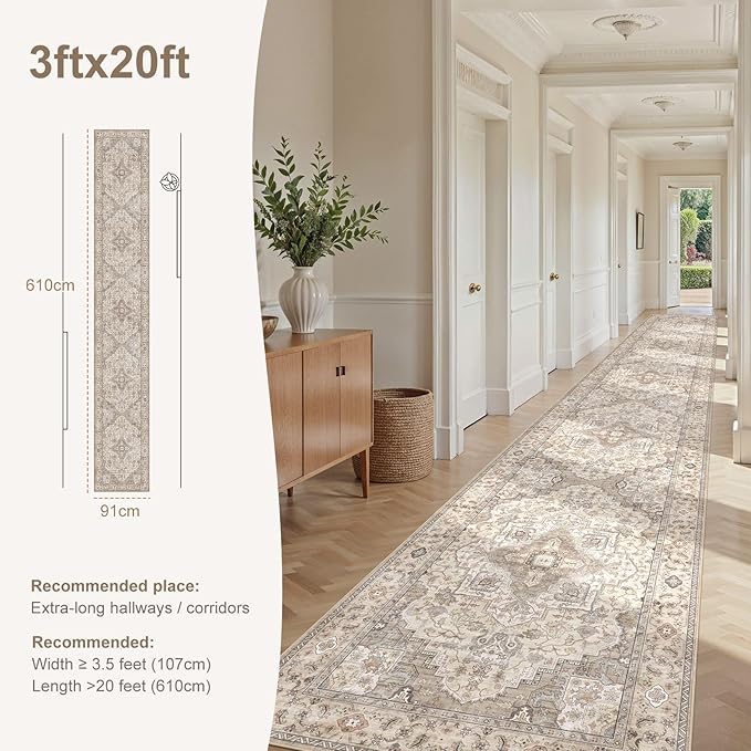 Washable 3x20 Runner Rug - Area Rugs Neutral Vintage Distressed Floral Farmhouse Boho Large Soft Floor Rug Indoor Carpet for Hallway Entryway Home - Brown/Multi-Ruum Studio Home