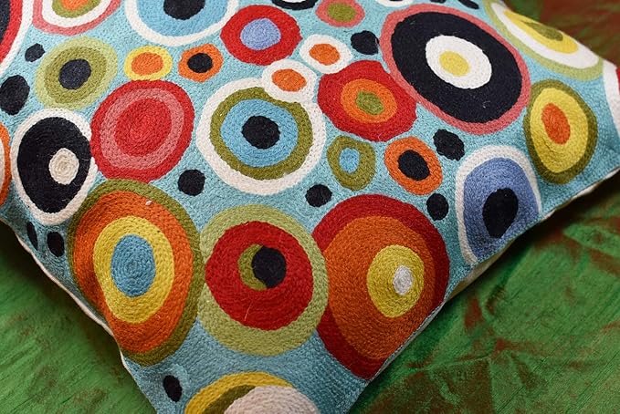 Turquoise Polka Dots Decorative Pillow Cover Contemporary Pillowcase Blue Modern Outdoor Chair Cushion Throw Sofa Couch Cushions Hand Embroidered Wool 18x18-Ruum Studio Home