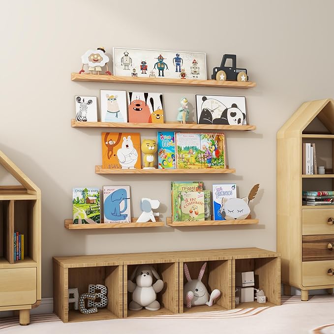 Floating Picture Ledge Shelves 36 Inch Solid Oak Wood Set of 2, Rustic Wall Storage Shelves with Lip, Kids Bookshelf, Photo & Picture Ledge Shelves for Bedroom, Living Room, Kitchen-Ruum Studio Home