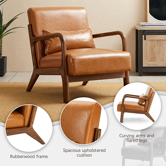 Glitzhome 30" H Mid Century Yellowish Brown Accent Armchair, Single Reading Sofa, PU Leather Lounge Chair with Walnut Ruberwood Frame for Livingroom or Office-Ruum Studio Home