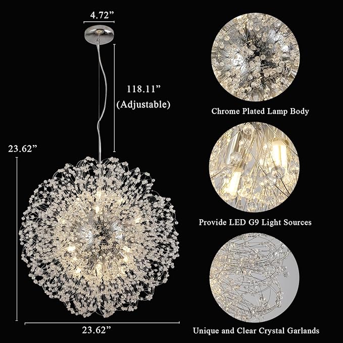 Dandelion Crystal Chandelier with Chrome, Modern Large Sputnik Hanging Lamp, Sunflower Beaded Pendant Light Fixtures High Ceiling for Living Room Bedroom Dining Room (Chrome 16Lights)-Ruum Studio Home