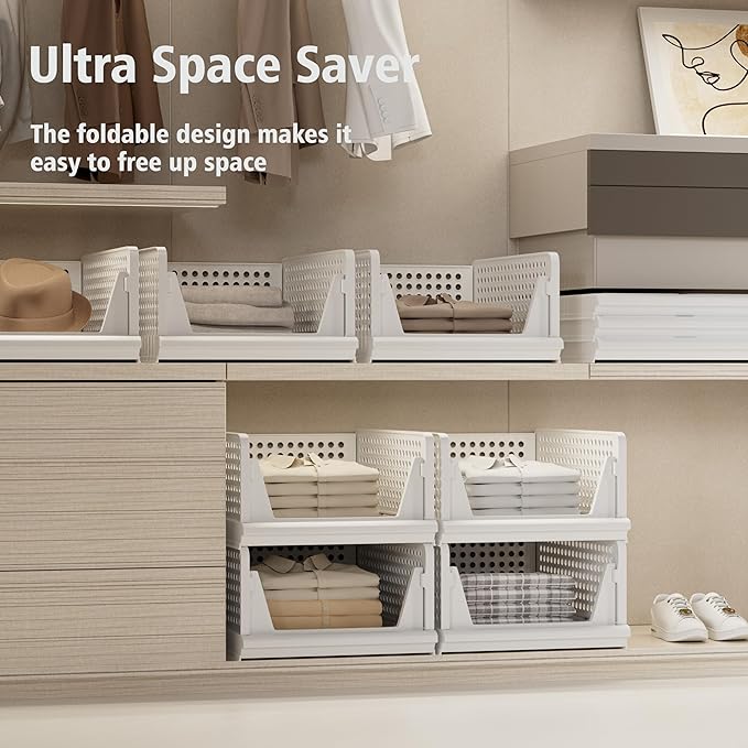 Stackable Plastic Storage Basket Closet Organizer Bin Foldable Clothes Organizer Storage Drawer Shelf Container for Living Room Bathroom Kitchen Office Laundry Room-Ruum Studio Home