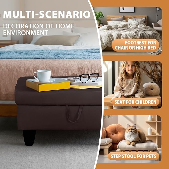 Ottoman Rectangular Storage Ottoman Bench, Flannel Footrest Stool Footstool with Lid for Living Room, Bedroom, Entryway, Dark Coffee, 28.5"x19"x17.5"-Ruum Studio Home