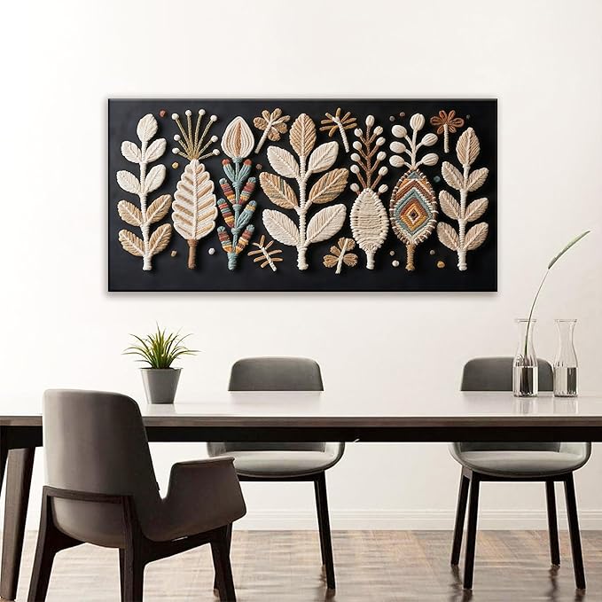Boho Black Wall Art Chic Home Wall Art Modern Multicolor Leaves Feather Canvas Wall Art Decor For Living Room Bedroom Apartment Kitchen 24"W X 48"L Ready To Hanging-Ruum Studio Home