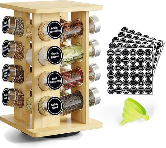 WelFurGeer Bamboo Spice Rack Organizer for Countertop, Revolving Spice Shelf with 16 Glass Jars, Lids & Labels, Desktop Rotating Seasoning Organizer for Kitchens, Space-Saving Design-Ruum Studio Home