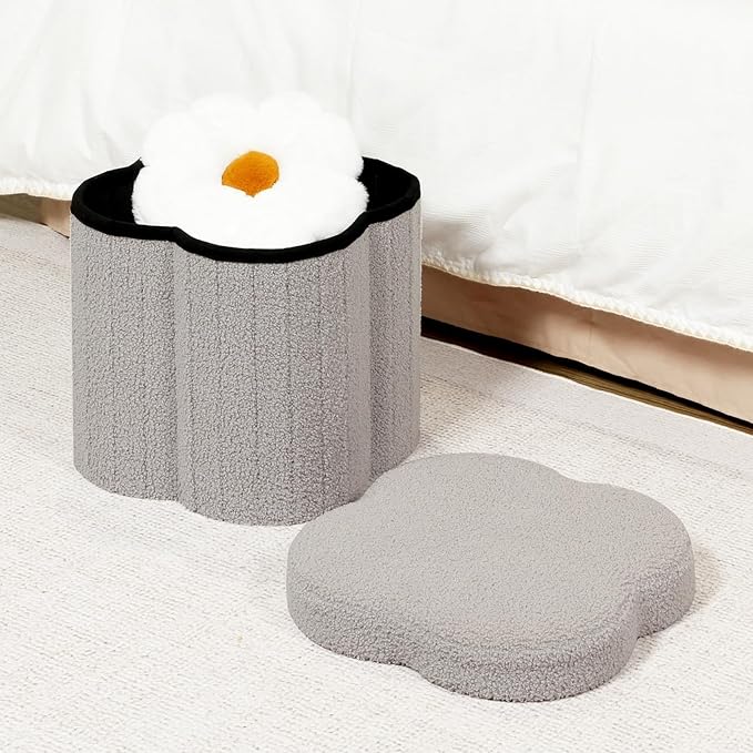B FSOBEIIALEO Storage Ottoman Cube, Flowers Shaped Ottomans with Storage Foot Stool Footrest for Lving Room, Boucle Ottoman Seat for Dorm Room,Faux Teddy Fur, Grey 12.6"x12.6"x12.6"-Ruum Studio Home