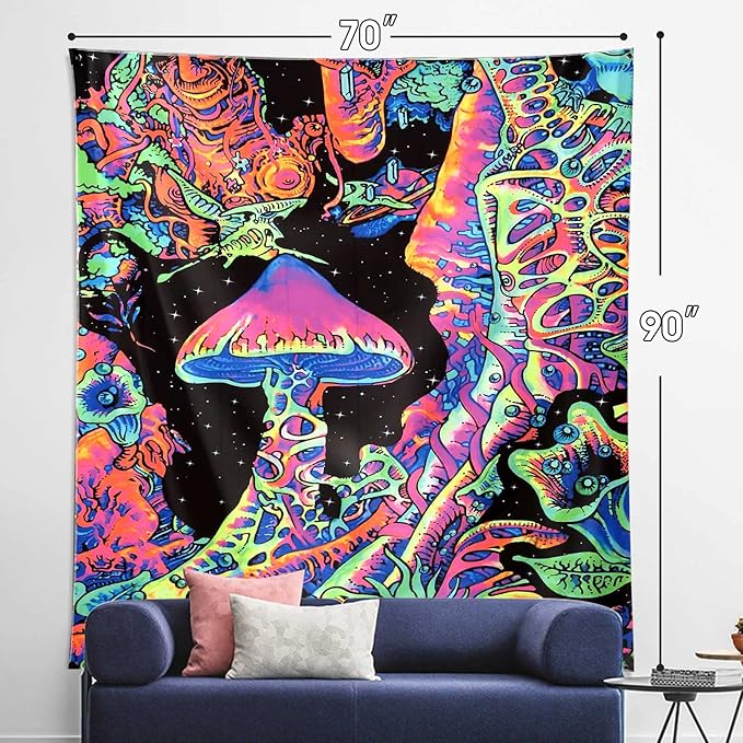 ADDWel Blacklight Mushroom Tapestry, Upright Tapestry Glow In The Dark, UV Reactive Black Light Tapestries Posters Wall Hanging for Backdrop Bedroom Dorm Living Room Decor(70"x90")-Ruum Studio Home