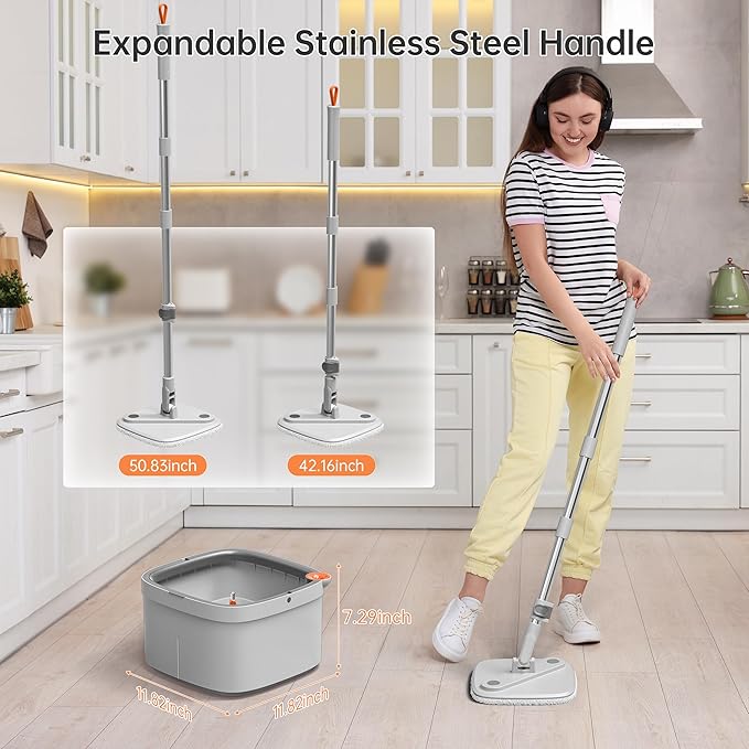KZKR Spin Mop and Bucket Set with Self Separation Dirty and Clean Water System, Self Wringing 360° Rotating Square Mop Head for Home Floors Cleaning (1.0 Mop and Bucket Set (4 Pads))-Ruum Studio Home