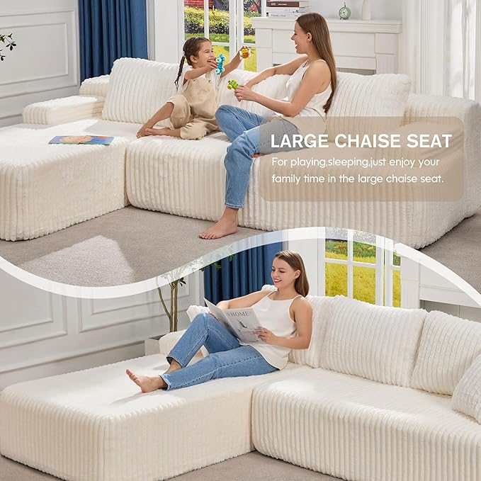 Hobestluk Modular Sectional Sofa Couches 108" L-Shape Couch 3 Seat Modular Sofa Memory Foam Sectional Couches for Living Room, Boneless Couch with Oversized Chaise (White, Left Facing)-Ruum Studio Home