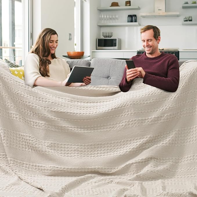 PHF 100% Cotton Waffle Blanket Oversized King 120"x120", Lightweight Breathable Extra Large 10'x10' Summer Blankets for Bed, Giant Big Luxury Aesthetic Woven Bedding for Home Decor, Oatmeal-Ruum Studio Home