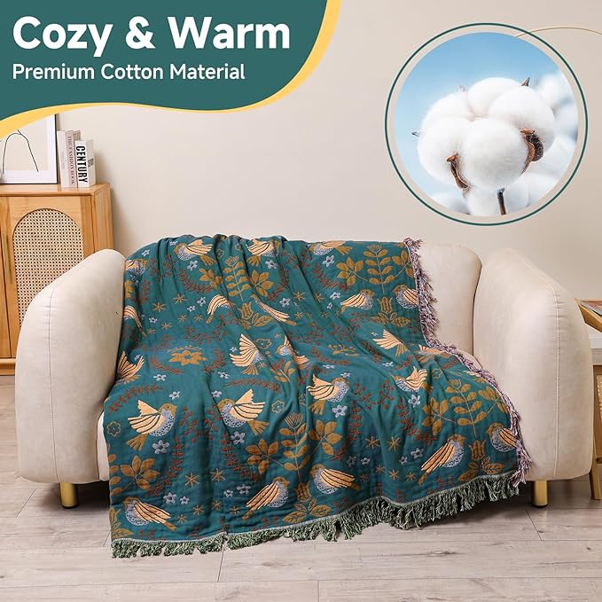 Boho Throw Blanket for Bed Couch 100% Cotton Woven Bed Throws for All Season Lightweight and Soft Cozy Farmhouse Reversible Muslin Decorative Blanket for Travel Picnic, Teal/Cream, 60''x80''-Ruum Studio Home