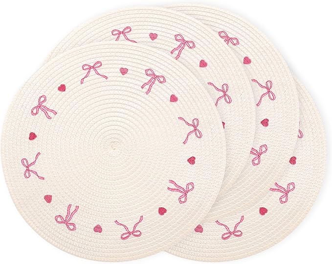 Whaline 4Pcs Round Placemats White Pink Bow Embroidered Place Mats Coquette Bowknot Heart Dinner Table Mats for Home Wedding Baby Shower Birthday Party Decor-Ruum Studio Home