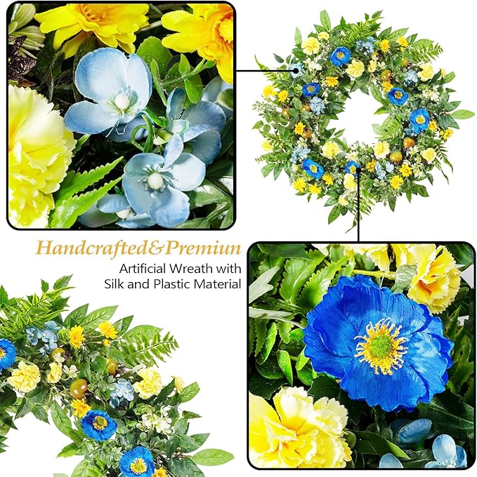 WANNA-CUL 24 Inch Spring Summer Carnation Wreaths for Front Door, Spring Front Door Wreath with Blue &Yellow Flowers Door Wreath with Pomegranates,Daisy for Wedding-Ruum Studio Home