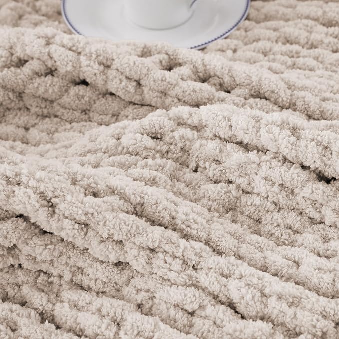 Battilo Chunky Knit Throw Blanket, Soft and Thick Chenille Throw Blanket, 50"x60" Handmade Cable Knit Crochet Blanket, Large Rope Knot Throw Blankets for Couch Sofa Bed Home Decor, Taupe-Ruum Studio Home