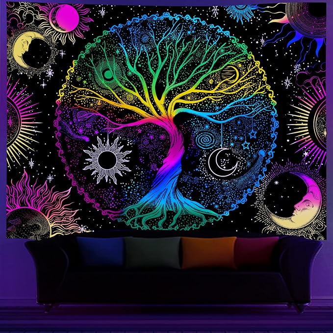 AACKart Blacklight Tapestry for Bedroom - Spiritual Tree of Life Wall Tapestry Glow in the Dark Wall Hanging 90.5 x 70.8 inches-Ruum Studio Home