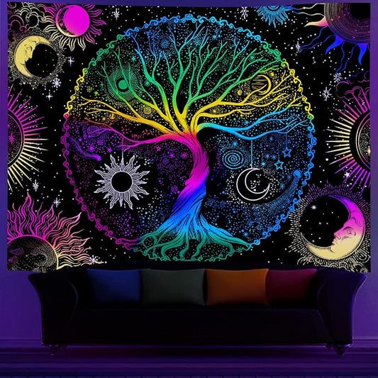 AACKart Blacklight Tapestry for Bedroom - Spiritual Tree of Life Wall Tapestry Glow in the Dark Wall Hanging 90.5 x 70.8 inches-Ruum Studio Home