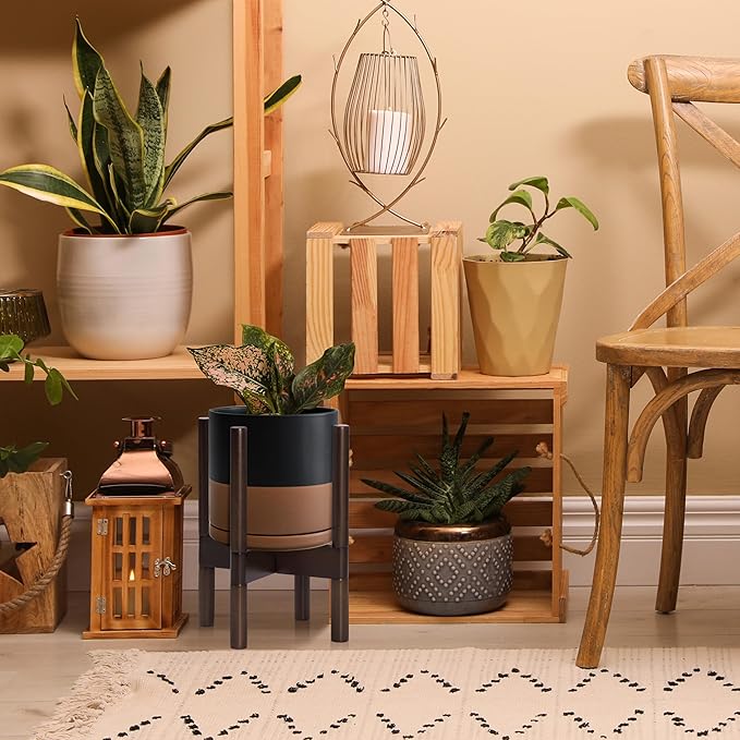 D'vine Dev Ceramic Planter with Walnut Color Stand - 8 Inch Modern Round Flower Pot with Wood Planter Holder, Black/Speckled Tan, 55-B-Y-7-Ruum Studio Home