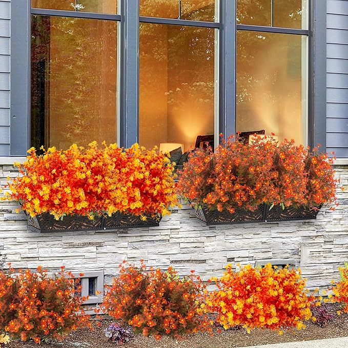 12 Bundles Artificial Fall Flowers No Fade Faux Autumn Plants, Fake Indoor Outdoor Greenery Decorations for Thanksgiving Christmas Wedding Party Home Garden Fireplace Décor (Fall Orange)-Ruum Studio Home