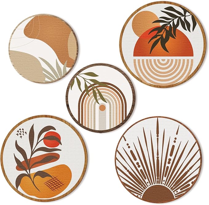 Qunclay 5 Pcs Wall Art Decor Wooden Living Room Wall Decor Bohemian Hanging Farmhouse Geometric 10'' and 8'' Aesthetic Wood Minimalist Posters for Bedroom(Boho)-Ruum Studio Home