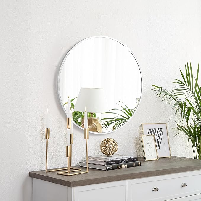 Fabuday Silver Round Mirror for Wall 24 inch - Circle Mirror for Bathroom, Entryway, Living Room, Hallway, Vanity Decor, Small Matte Metal Frame Mirrors-Ruum Studio Home