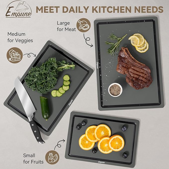 Empune Plastic Cutting Board Set, Recycled Plastic Cutting Boards for Kitchen (Set of 3), Dishwasher Safe Large Chopping Board with Holder, Non-slip Feet and Juice Grooves, Nonporous, Grey-Ruum Studio Home