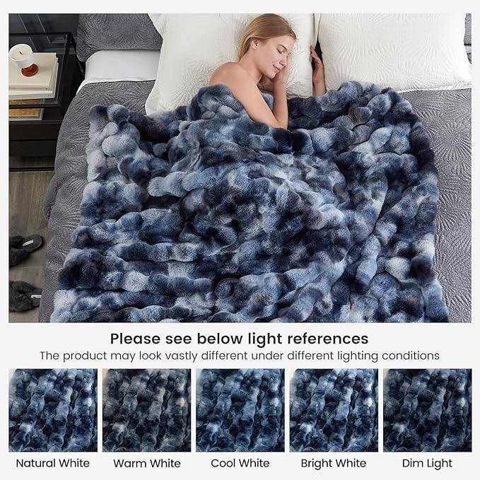Cozy Bliss Faux Fur Throw Blanket for Couch, Fuzzy Soft Plush Thick Bubble Blanket for Sofa Bedroom Living Room, 90 * 90 Inches Tie Dye Blue-Ruum Studio Home