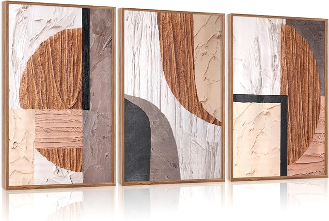 Aurlan Neutral Abstract Oval Rectangular Framed Wall Art(16"x24"), 3 PCS Minimalist Black Beige Brown Gray 3D Textured Canvas Artwork, Large Modern Geometric Illustration Art Wall Decor for Office Living Room Bedroom-Ruum Studio Home
