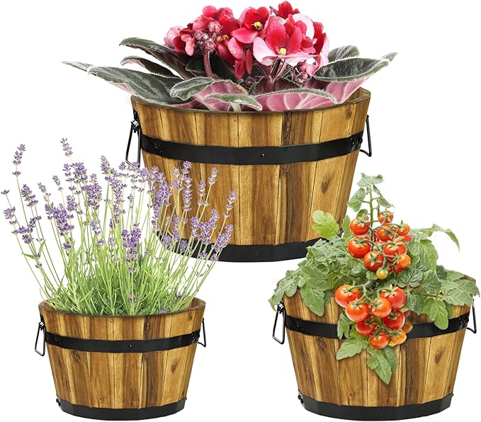 IDZO Set of 3 Wooden Flower Planters for Outdoor Plants, Acacia Wood Barrel Planters, Ergonomic Handles, Drainage Holes, Various Sizes, Golden Teak-Ruum Studio Home