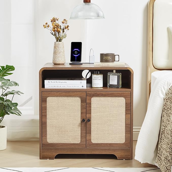 24" Large Side Table with Charging Station, Mid Century Modern End Table with USB/Type-C Ports, Curved Wood Nightstand with Storage & Natural Linen, Couch Side Table for Living Room Bedroom, Walnut-Ruum Studio Home