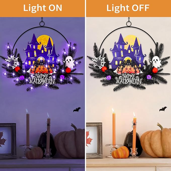 Lighted Halloween Wreaths for Front Door, Welcome Metal Wooden Door Wreath Decor Hanging Sign, 30 LED Lighted Wall Decor Battery Operated for Halloween Indoor Outdoor (Spider)-Ruum Studio Home