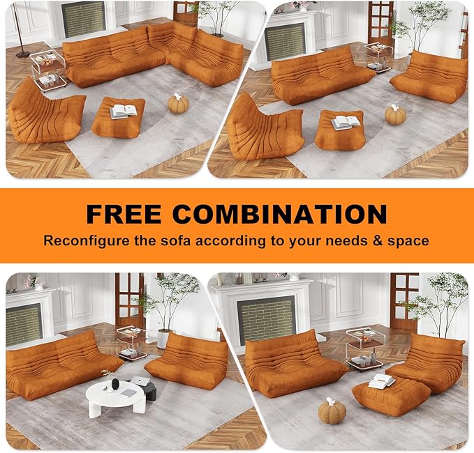 Full Foam Loveseat Sofa,Adults Bean Bag Chairs Floor Couch with Soft Waterproof Fabric,Armless Fireside Lounge Chair for Living Room,Apartment and Office (DarkOrange)-Ruum Studio Home