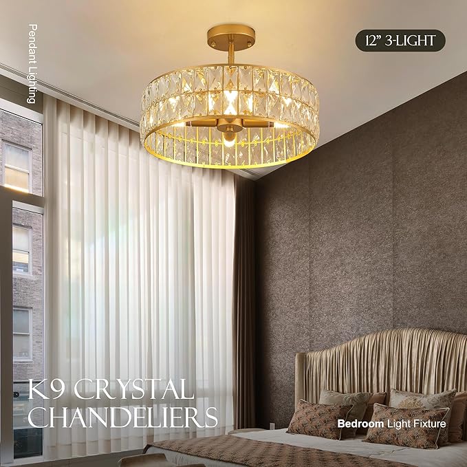 16” 4-Light Modern Crystal Chandeliers Gold Dinning Room Light Fixture, Round Pendant Light Kitchen Island Chandelier, Flush Mount Ceiling Light for Living Room Entryway Bedroom Foyer-Ruum Studio Home
