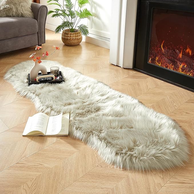 AMTOVO Faux Sheepskin Rug, Light Grey Ultra Soft Fluffy Shag Area Rug, 2 x 6 ft Faux Fur Rug for Bedroom Sofa Throw Cushion Room Decor, Sheepskin-Ruum Studio Home