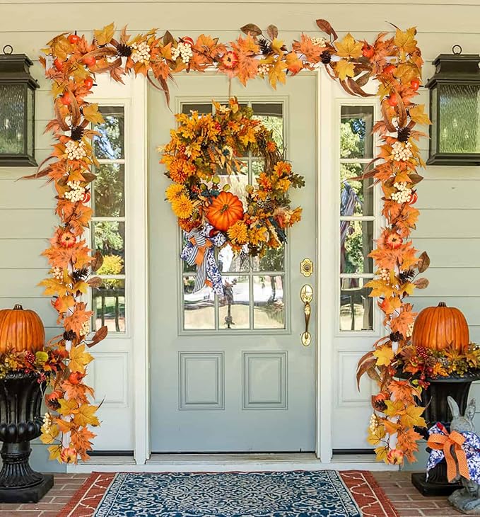 Lvydec Fall Maple Leaves Garland Decoration -6ft Artificial Fall Foliage Garland with White Pumpkins Pine Cone Autumn Decor for Halloween Thanksgiving Home Table Decor-Ruum Studio Home